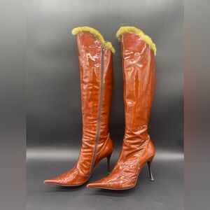 Giancarlo Paoli Henna Brown Patent Leather Boots With Green Fur Sz 39 Tall $995